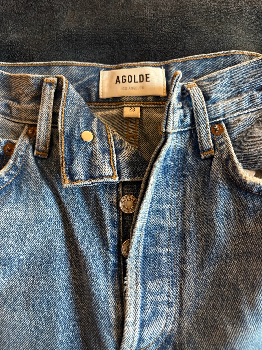Agolde Straight Leg Light Blue Denim Jeans with Button-Fly
